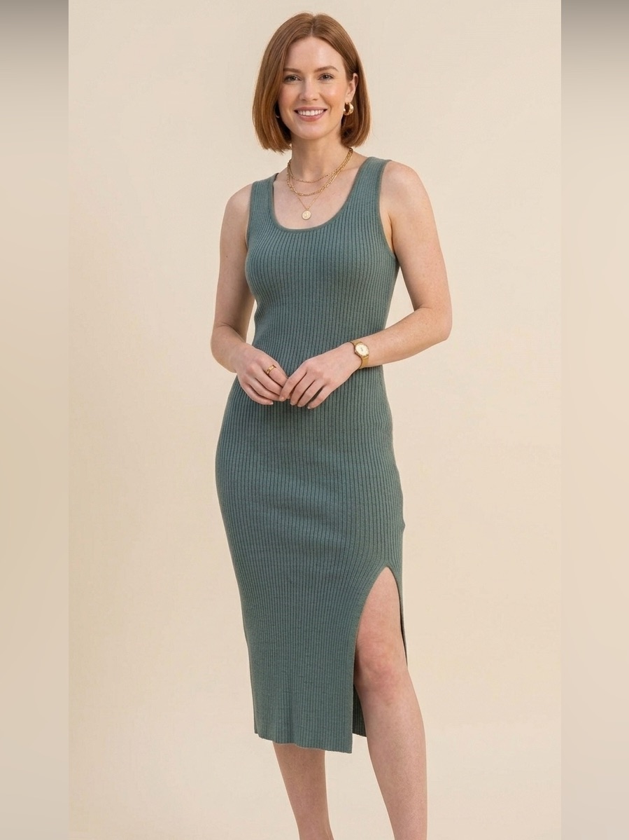 Nwt Revolve X One Grey Day Sawyer Wool Cashmere Ribbed Dress Teal Medium